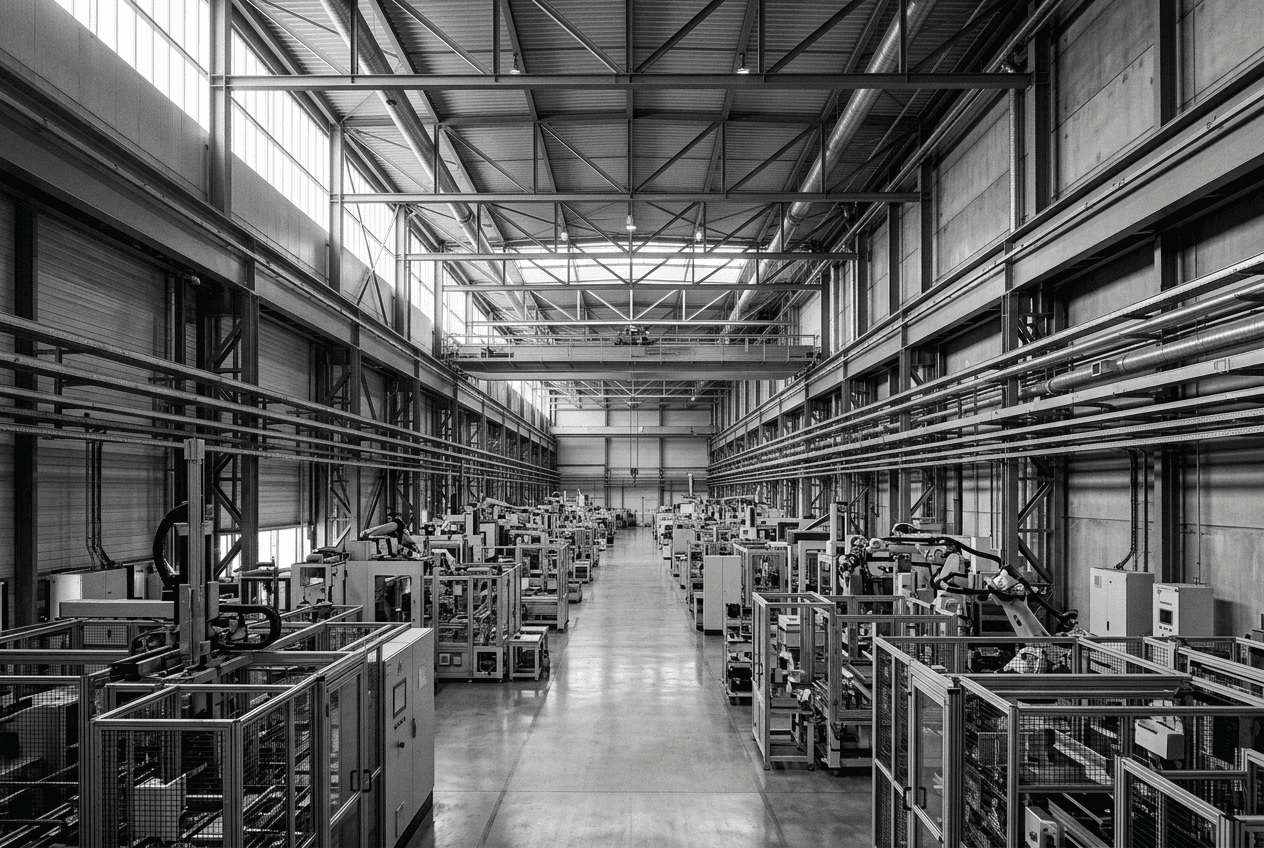 Ambiente industrial moderno com linha de produção organizada